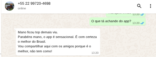 Veja o que estão falando sobre o app - Depoimentos reais via WhatsApp